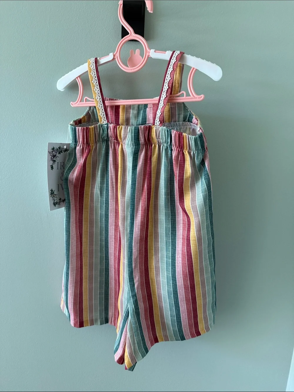 Iris & Ivy Striped Crochet-Trim Toddler Romper in rainbow stripes boho 24m NWT
